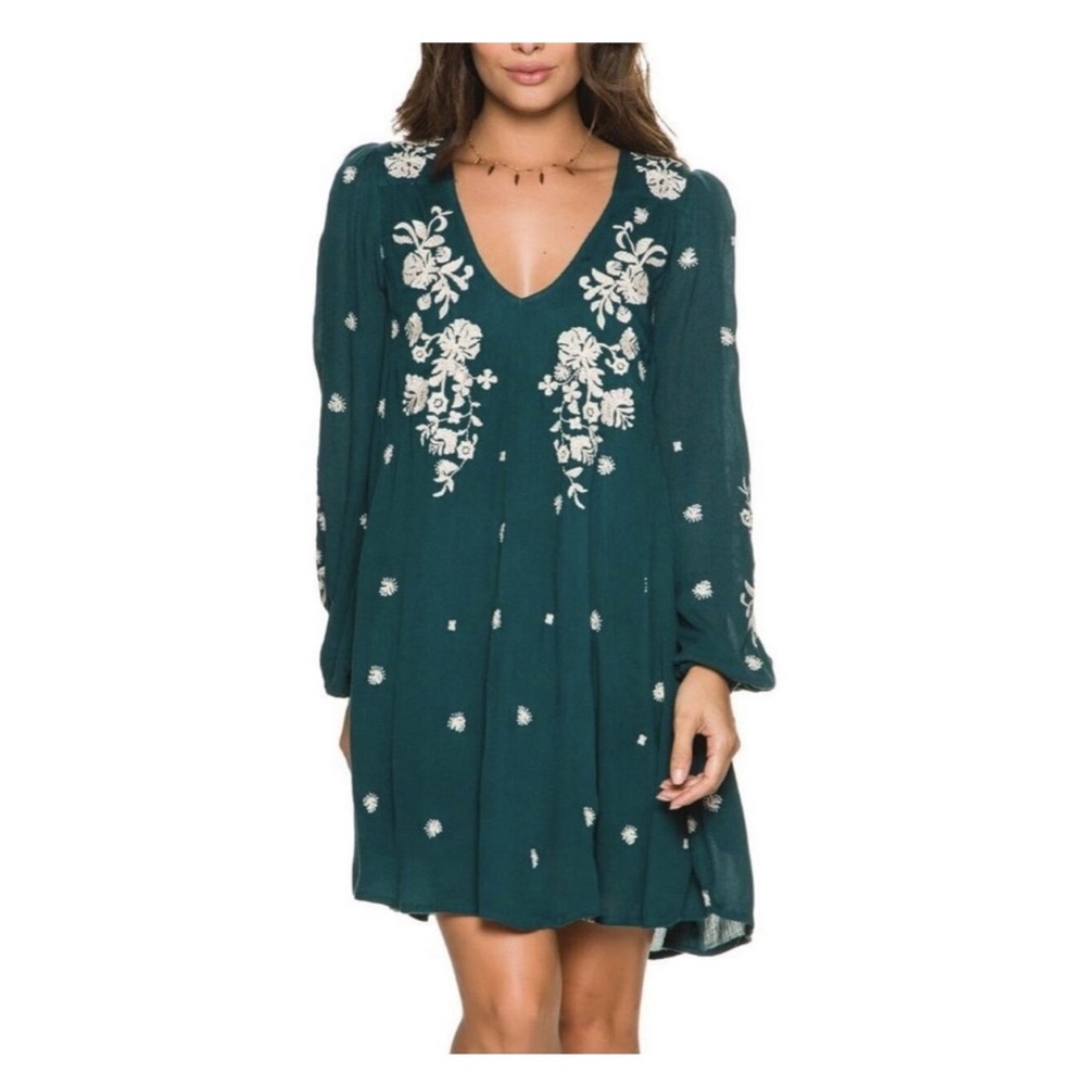 FREE PEOPLE  Sweet Tennessee Floral Embroidered Blue-Green Dress